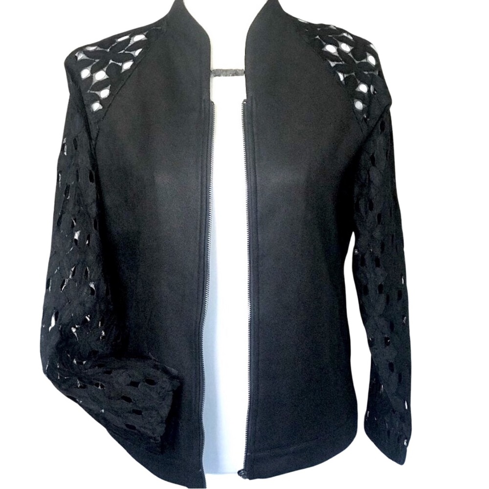 BOUTIQUE- BLACK BLAZER / JACKET WITH LACE SLEEVES, UNIQUE SOFT FABRIC